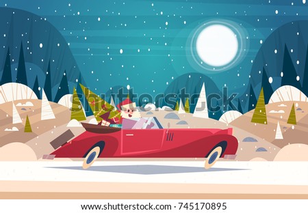 Santa Driving Retro Car With Green Tree And Presents In Winter Forest Merry Christmas And Happy New Year Poster Background Flat Vector Illustration