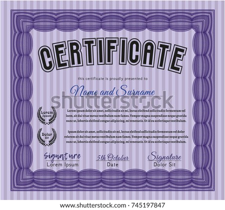 Violet Sample Certificate. Customizable, Easy to edit and change colors. With complex linear background. Money Pattern. 