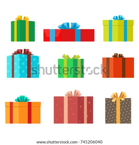 Gift boxes of different shapes and colors on white background . Decorate gifts and choose boxes design for different occasions. Celebrate holidays and exchange presents isolated  illustration.