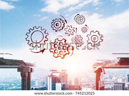 Sketched gear mechanism over gap in concrete bridge as symbol of teamwork and problem solving. Cityscape and sunlight on background. 3D rendering.