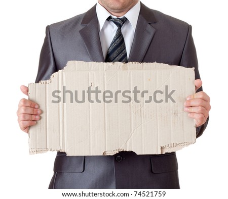 Fired businessman with messy cardboard frame. Isolated on white Royalty-Free Stock Photo #74521759