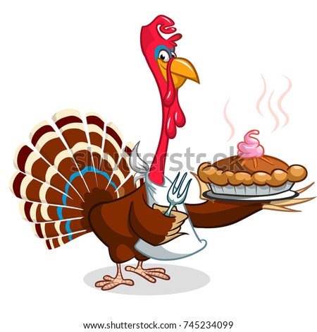 Thanksgiving Cartoon Turkey holding fork and pie isolated. Vector illustration of funny turkey wearing pilgrim hat