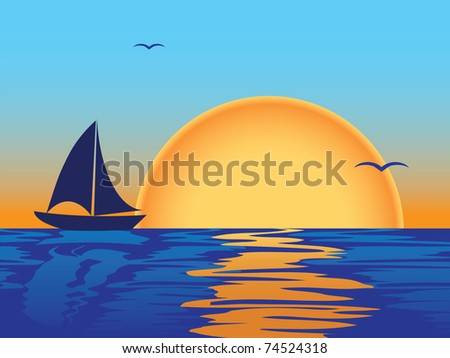 sea sunset with boat and seagulls silhouettes