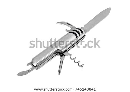 Silver multi-tool knife isolated on white