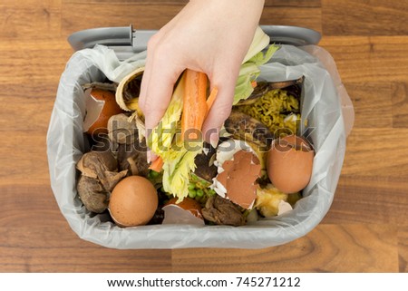 Overhead of a hand placing food scraps into a garbage bin Royalty-Free Stock Photo #745271212