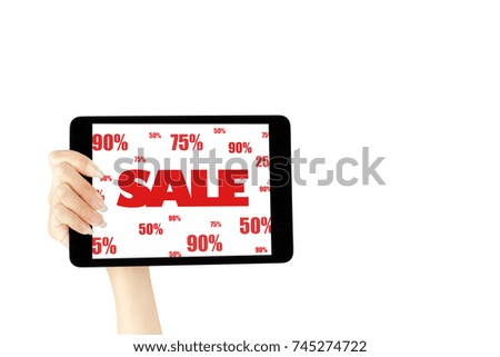 Close up of woman hand holding a digital tablet with a big sale offer sign banner on screen. All text possible. Black Friday concept. Hot discounts advertisement. White background. Shopping. Percents.