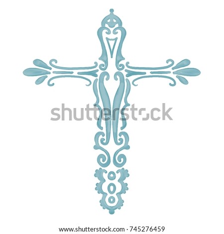 watercolor painted cross, religious Christian design of Easter and Good Friday symbol of Jesus Christ or God in pretty blue symmetrical pattern 