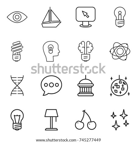 thin line icon set : eye, boat, monitor arrow, bulb, head, brain, atom, dna, balloon, goverment house, disco ball, floor lamp, cherry, shining