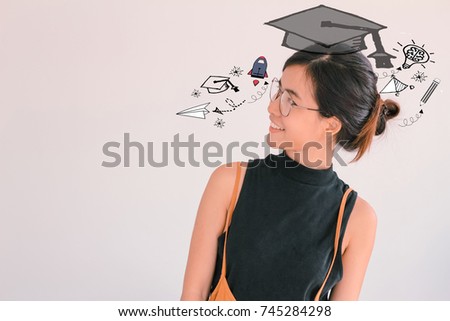 Education and graduation Concept. Beautiful woman college student smiling happily with education and learning illustration doodles background with copy space