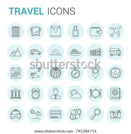 30 Travel thin line icons in circles, vector eps10 illustration
