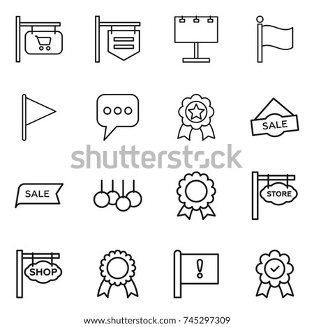 thin line icon set : shop signboard, billboard, flag, message, medal, sale, store, important