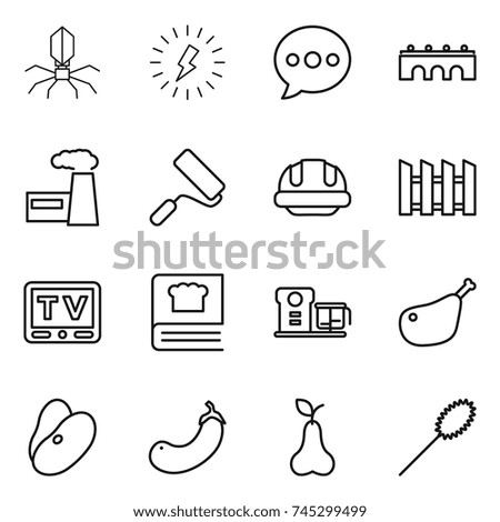 thin line icon set : virus, lightning, balloon, bridge, factory, repair, building helmet, fence, tv, cooking book, food processor, chicken leg, beans, eggplant, pear, duster