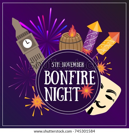 Bonfire night flayer contains the following elements: barrels of gunpowder, bonfire, 3 firecrackers, Guy Fawekes mask, Houses of Parliament, toffee apples Royalty-Free Stock Photo #745301584