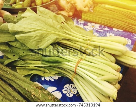 The green cantonese among another vegetable in the market prepare for sell to buyer and restaurant use for ingredient when cooking another food. Concept for business and food. Blur picture.
