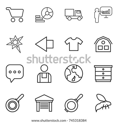 thin line icon set : cart, diagram, truck, presentation, bang, left arrow, t shirt, house, sms, workman, earth, chest of drawers, pan, garage, wasp