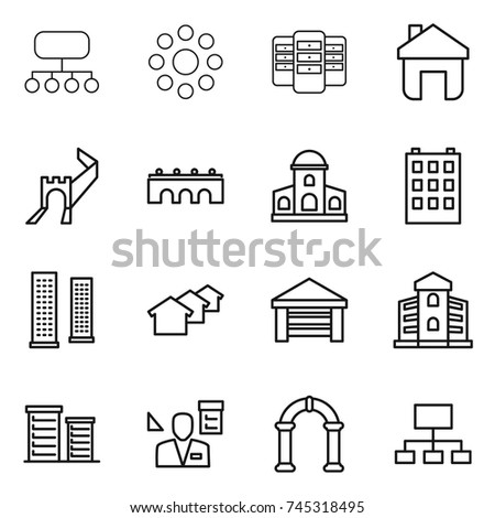 thin line icon set : structure, round around, server, home, greate wall, bridge, mansion, building, skyscrapers, houses, garage, district, architector, arch, hierarchy