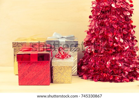 image of christmas decoration with small gift box on wooden table/ With copy space,Vintage style