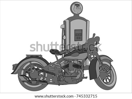 Old motorcycle at a gas station on a white background