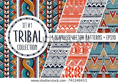Colorful ethnic backgrounds collection. Set of 4 modern abstract seamless backgrounds. All patterns are available under the clipping mask. EPS10 vector illustration.