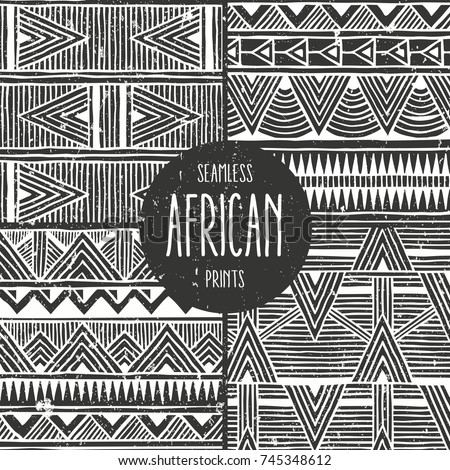 Set of 4 seamless ethnic backgrounds. Monochrome abstract seamless prints in african style. All patterns are available under the clipping mask. EPS10 vector illustration.