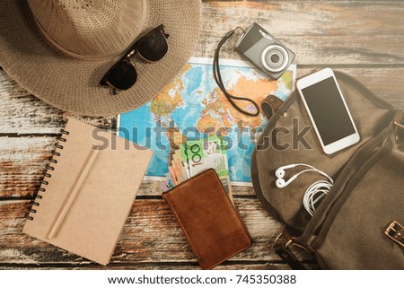 hipster travelling hiking day off long weekend relaxing stuff backpacker 
style Overhead flat choice guiding backpacking idea planning travel 
around the beautiful sky world forest jungle garden park
