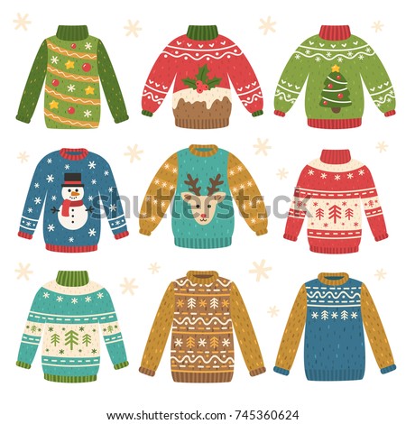 Set of traditional ugly Christmas sweaters. Funny holiday clothes with different cute prints and ornaments