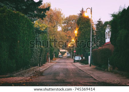 Morning street with green bushes, yellow trees and bright lights. Long narrow road through the private residential area. Autumn in the city