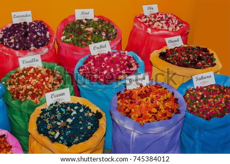 Beautiful colorful Lily, Cantaloupie, Ocean, Orchid, Orange, Chanel, Mint, and Lavender dried flower in the sack.