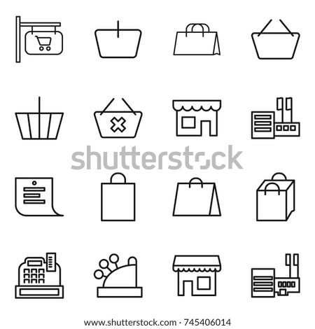 thin line icon set : shop signboard, basket, shopping bag, delete cart, store, list, cashbox, mall