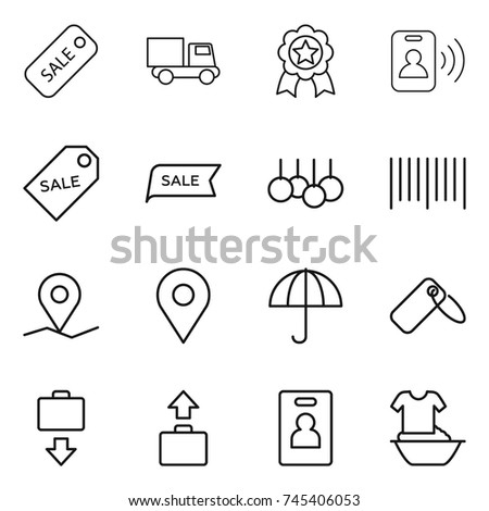 thin line icon set : sale, truck, medal, pass card, label, bar code, geo pin, dry cargo, baggage get, identity, handle washing