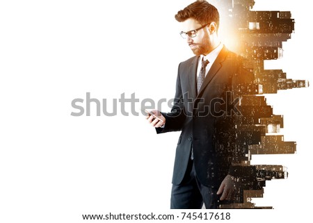 Side view of handsome young businessman using smartphone on abstract glowing white city background with copy space. Communication concept. Double exposure 