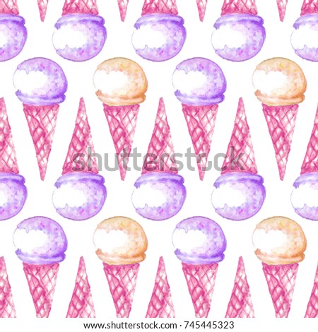 Seamless ice-cream pattern. Watercolor hand drawn summer print in unusual colors with ice lolly or/and Ice cream in a waffle cup. Childish baby background. Food print. Fabric, paper, cover, web