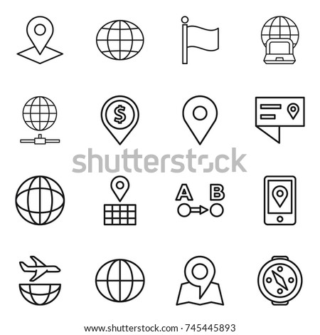 thin line icon set : pointer, globe, flag, notebook, connect, dollar pin, geo, location details, map, route a to b, mobile, plane shipping, compass