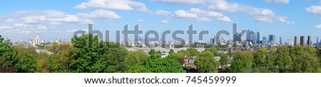  Photo from famous Park of Greenwich with famous Observatory and views to isle of Dogs, Canary Wharf, London, United Kingdom                               
