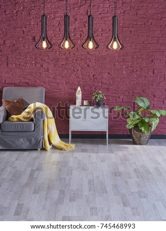 claret red brick wall interior nordic style modern apartment decoration trending Royalty-Free Stock Photo #745468993