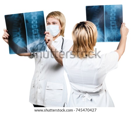 Collage of female doctor looks at an x-ray.