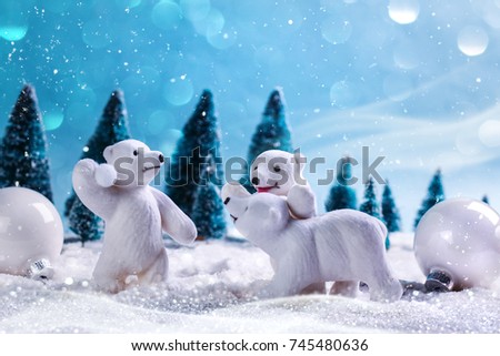 Funny White bear on snow. Christmas holiday background.