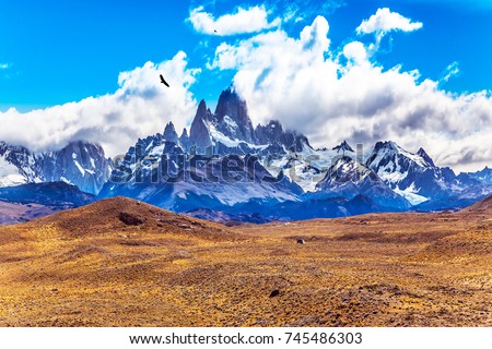 Desert and mountains. The famous ridge Mount Fitz Roy and the Patagonian prairie. Argentine Patagonia. The concept of active and extreme tourism Royalty-Free Stock Photo #745486303