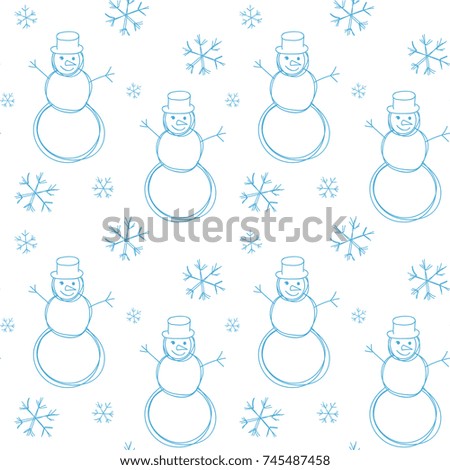 Christmas New Year seamless pattern background with snow, snowflake, snowman. Outline vector illustration. Good for wrapping, invitation and card. Winter holiday symbol