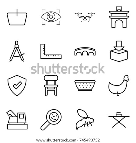 thin line icon set : basket, eye identity, drone, arch, draw compass, ruler, bridge, package, protected, chair, colander, chicken, harvester, viruses, wasp, iron board