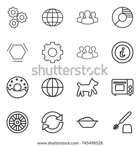thin line icon set : gear, globe, group, circle diagram, hex molecule, info, donut, dog, grill oven, wheel, reload, foam basin, toilet brush