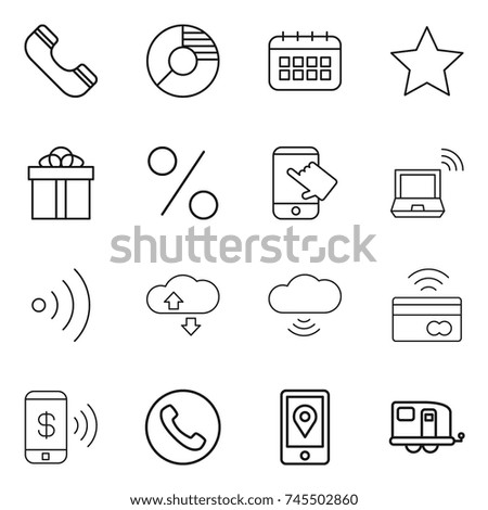 thin line icon set : phone, circle diagram, calendar, star, gift, percent, touch, notebook wireless, cloud service, cloud, tap to pay, mobile location, trailer