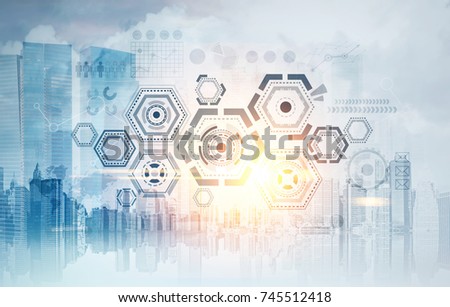 HUD and infographics, data presentation. Blue cityscape background. Concept of an information society and business. Toned image double exposure mock up. Elements of this image furnished by NASA