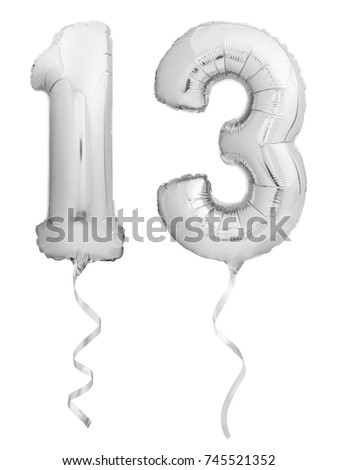 Silver chrome number 13 thirteen made of inflatable balloon with ribbon isolated on white background