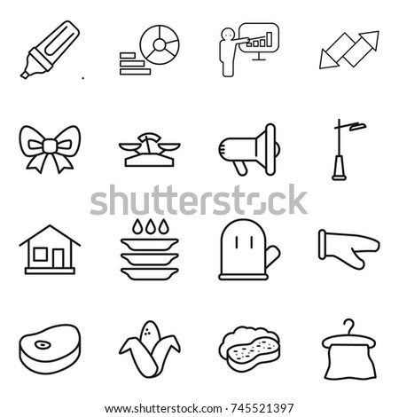 thin line icon set : marker, diagram, presentation, up down arrow, bow, scales, megafon, outdoor light, home, plate washing, cook glove, steake, corn, sponge with foam, hanger