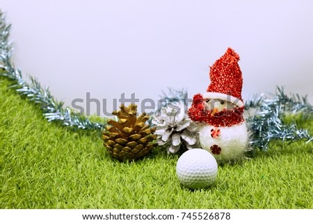 golf ball with snowman and pine cone on green grass