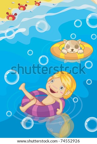 Play Time with Cute Friends - swimming happy smiling young boy with lovely pet and family on a background of beautiful blue ocean
