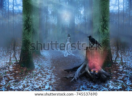  Fantasy. Misty Enchanted forest with a skull with glowing eyes old raven and a girl princess in a white dress at the crossroads