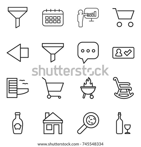 thin line icon set : funnel, calendar, presentation, cart, left arrow, sms, check in, hotel, bbq, rocking chair, ketchup, house, viruses, wine