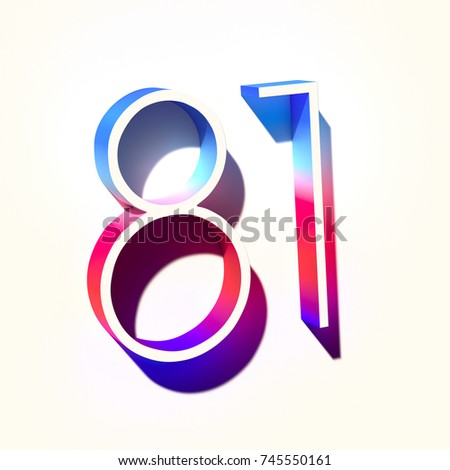 Number eighty one 81 of blue and pink color with abstract gradient shadow. 3d render of ambassador font number 81 isolated on light background